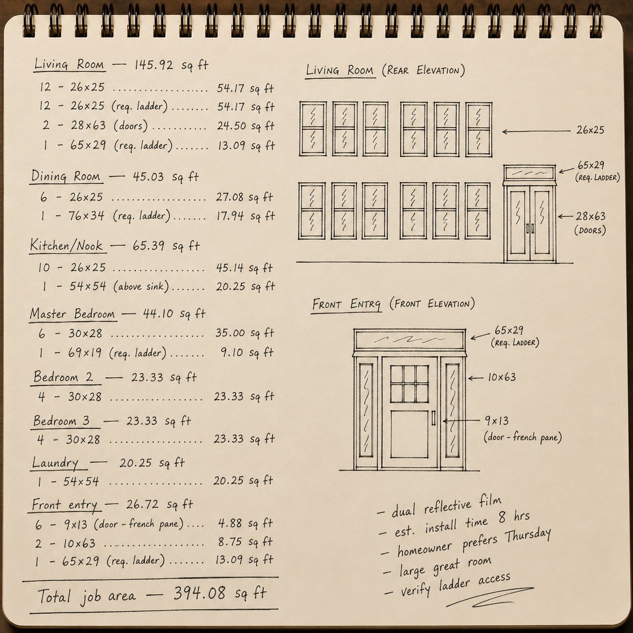 Flat glass job planning notes with room totals, window measurements, elevation sketches, and install notes