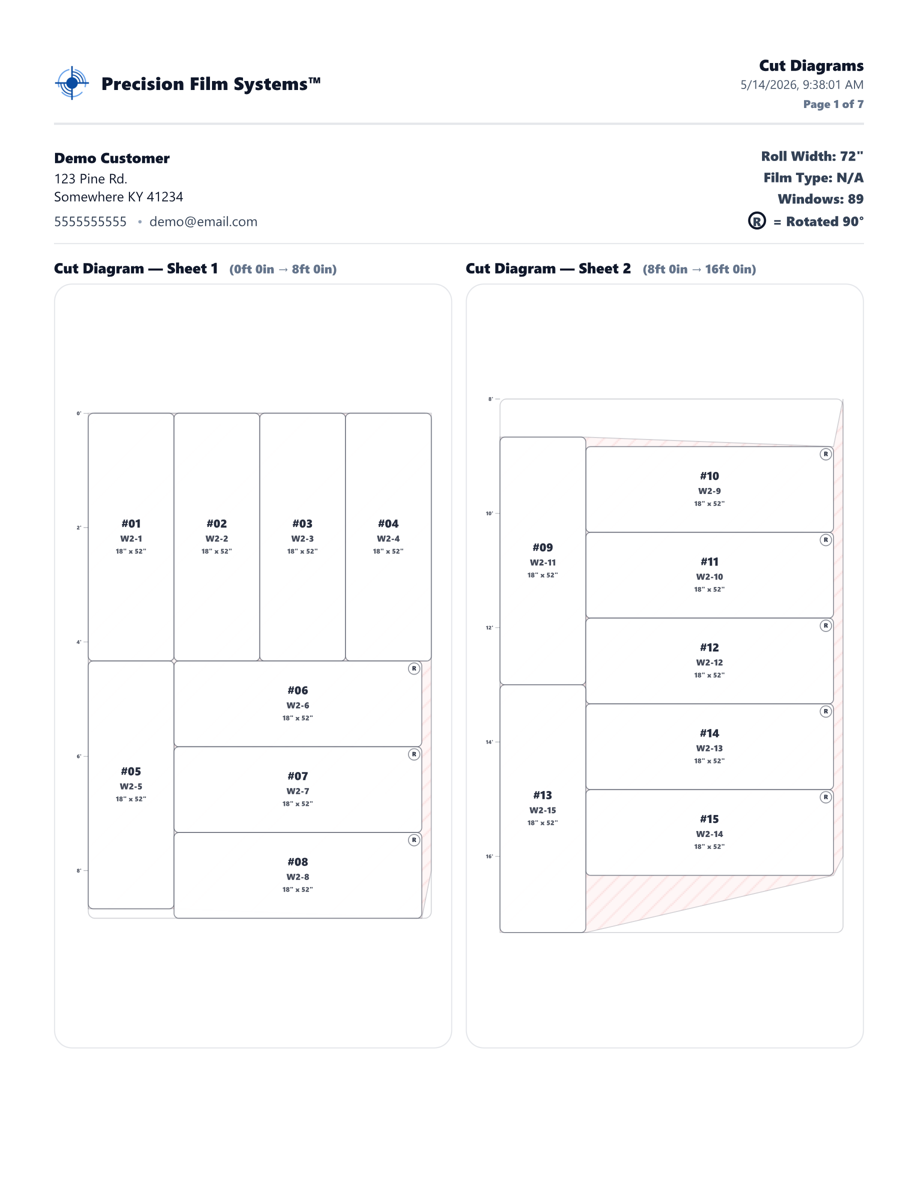 Precision Film Systems cut diagram report showing two roll-width layout sheets for a demo customer