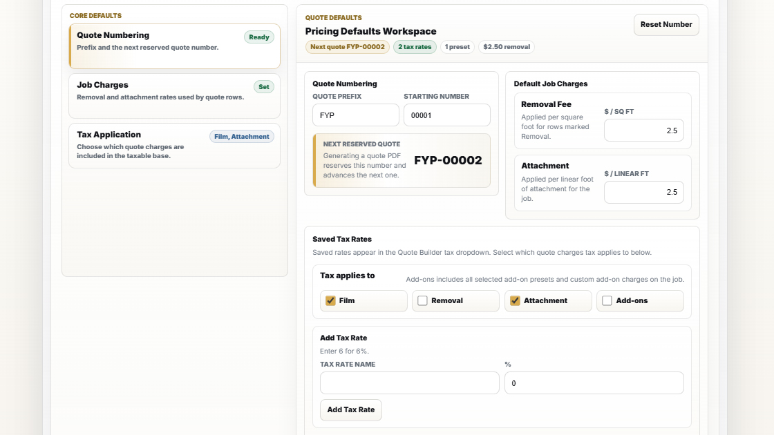 Precision Film Systems pricing defaults workspace showing quote numbering, tax settings, and job charges