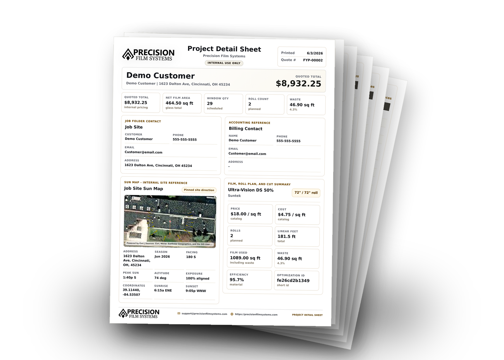 Precision Film Systems project detail sheet with customer info, Sun Map, film selection, roll planning, and quote totals
