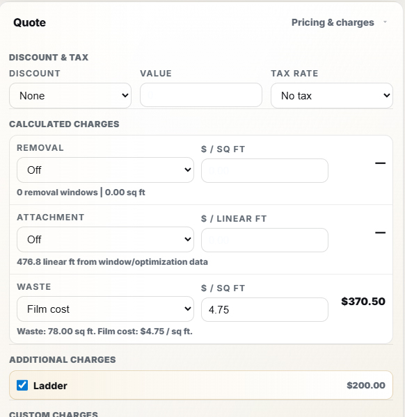 Precision Film Systems quote card showing pricing and charge settings