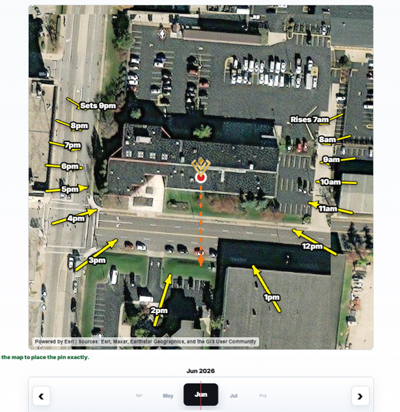 Precision Film Systems Sun Map showing seasonal sun direction and site orientation for a window film job