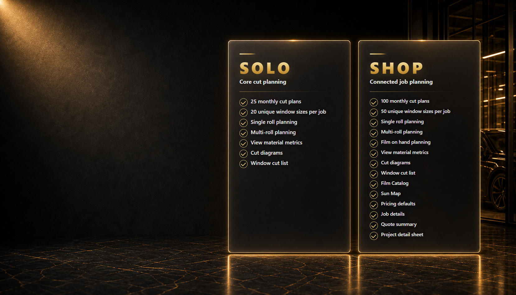 Solo and Shop tier comparison for Precision Film Systems. Solo includes core cut planning features. Shop adds connected job planning features including film on hand planning, Film Catalog, Sun Map, pricing defaults, job details, quote summary, and project detail sheet.